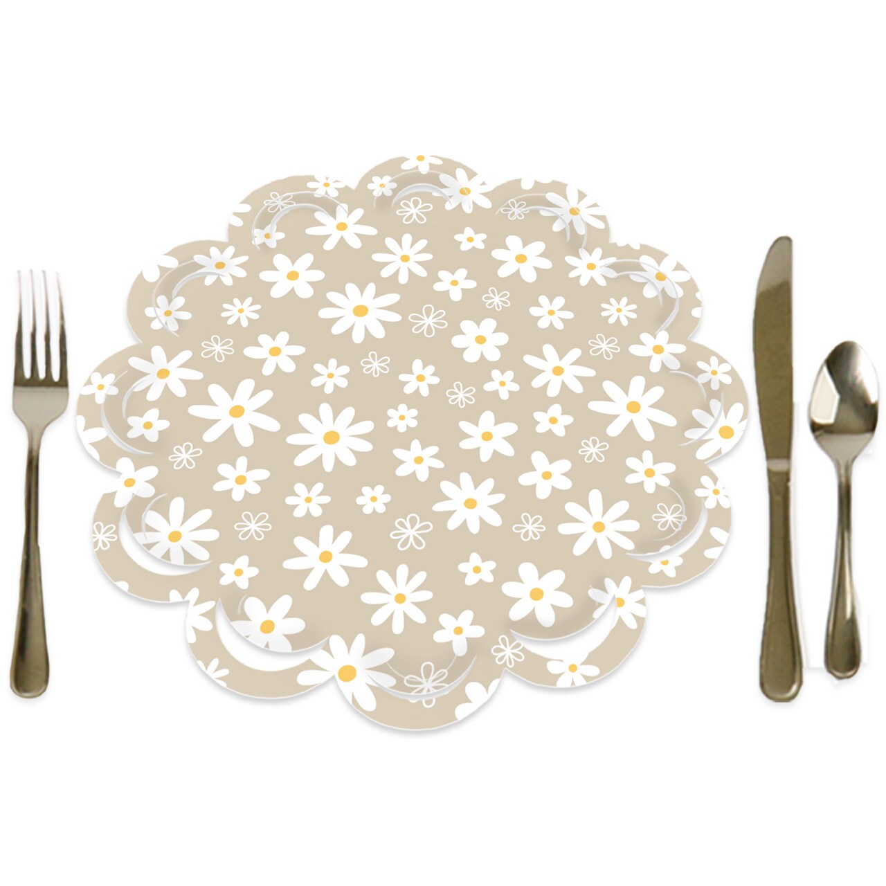 Big Dot of Happiness Tan Daisy Flowers - Floral Party Round Table Decorations - Paper Chargers - Place Setting For 12